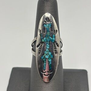 Native American Turquoise Chip Inlay and Sterling Silver Ring by J. Nezzie